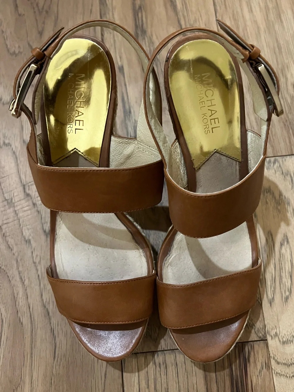 Michael Kors Poesy Tan Leather Espadrille Wedge Sandals